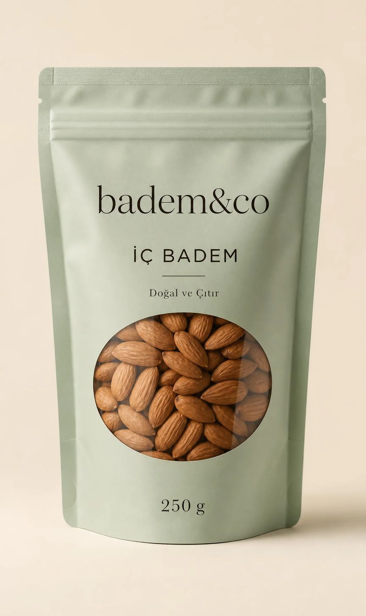 Çiğ Badem İçi kraft doypack paketinin ön yüzü: "badem&co" logosu, "İÇ BADEM" ürün adı, "Doğal ve Çıtır" tanımı ve 250 g gramaj etiketi ile hasat yılı damgası