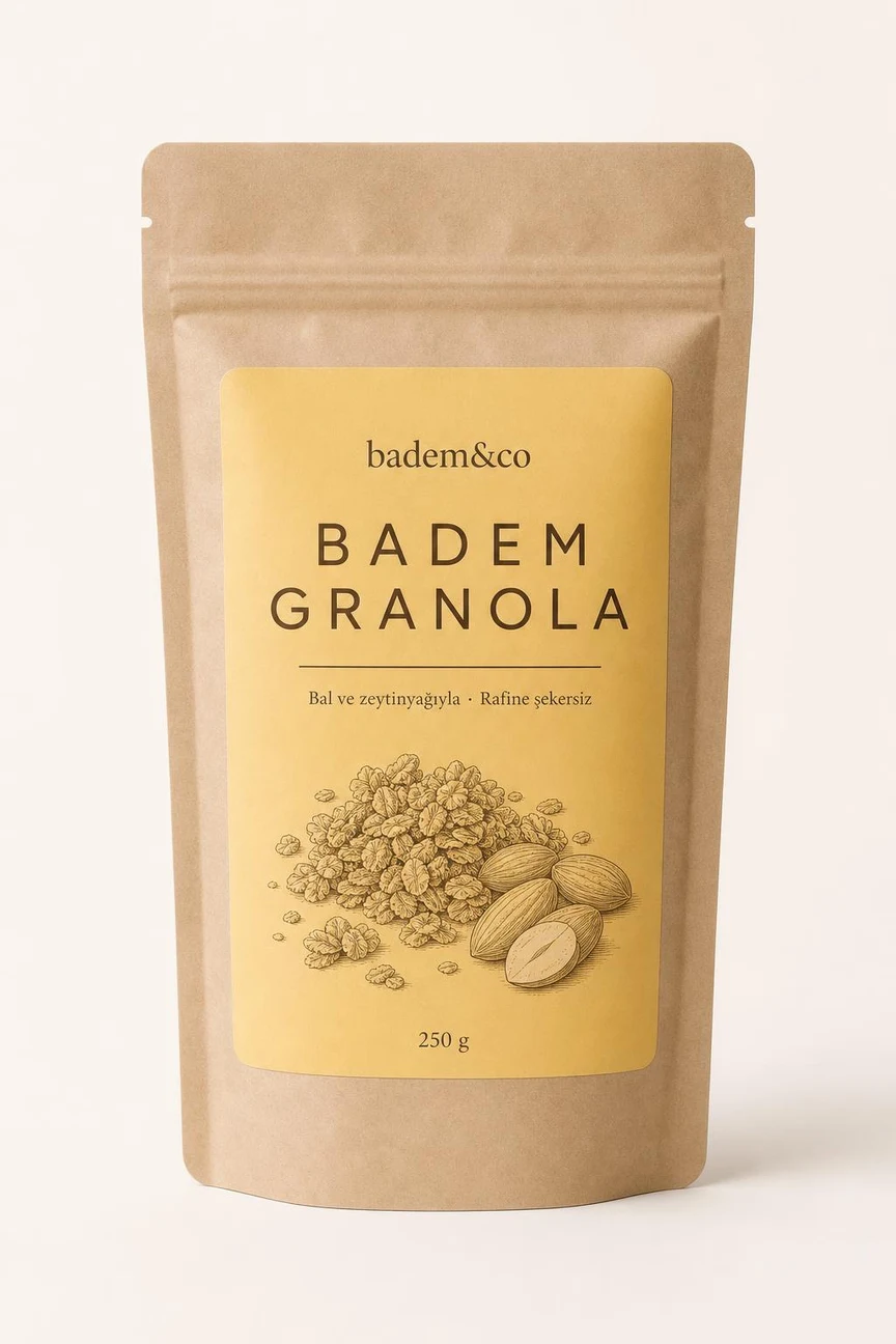 Badem Granola kilitli kraft doypack paketinin ön yüzü: "badem&co" logosu, "BADEM GRANOLA" ürün adı, "Rafine şekersiz · Bal ile" tanımı ve granola kümelerini gösteren pencere ile gramaj etiketi