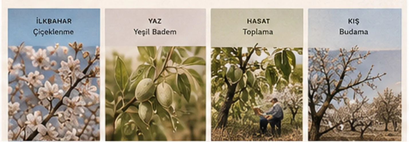 Bahçenin dört mevsimi: ilkbaharda çiçeklenme, yazın yeşil badem, hasatta toplama ve kışın budama kareleri