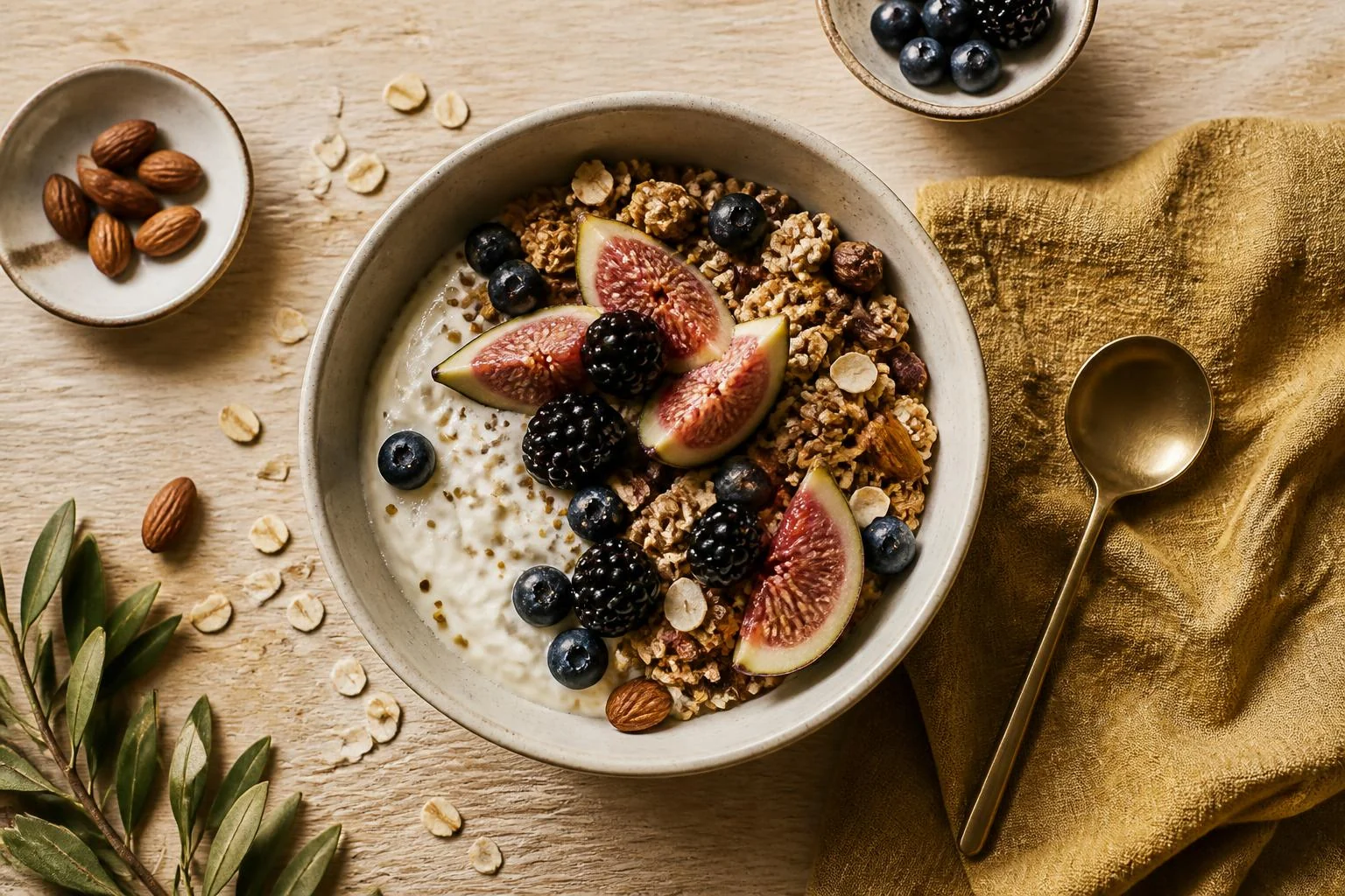 Badem Granola kullanım anı: kâsede badem sütüyle servis edilen granola ve açık paket